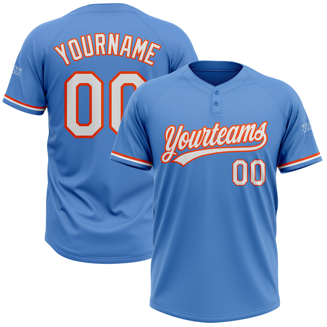 Custom Powder Blue White-Orange Two-Button Unisex Softball Jersey