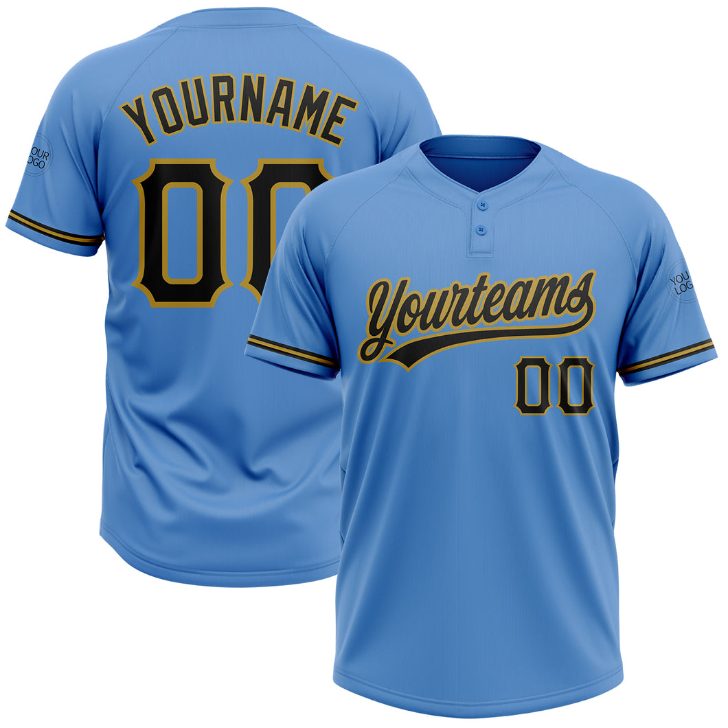 Custom Powder Blue Black-Old Gold Two-Button Unisex Softball Jersey