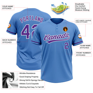 Custom Powder Blue Purple-White Two-Button Unisex Softball Jersey