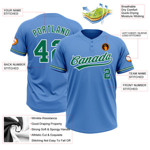 Custom Powder Blue Kelly Green-White Two-Button Unisex Softball Jersey