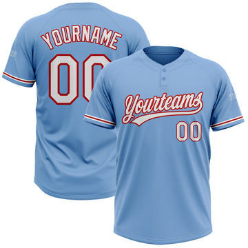 Custom Light Blue White-Red Two-Button Unisex Softball Jersey