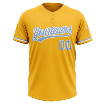 Custom Gold Light Blue-White Two-Button Unisex Softball Jersey