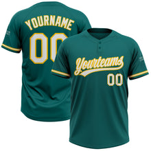 Load image into Gallery viewer, Custom Teal White-Yellow Two-Button Unisex Softball Jersey
