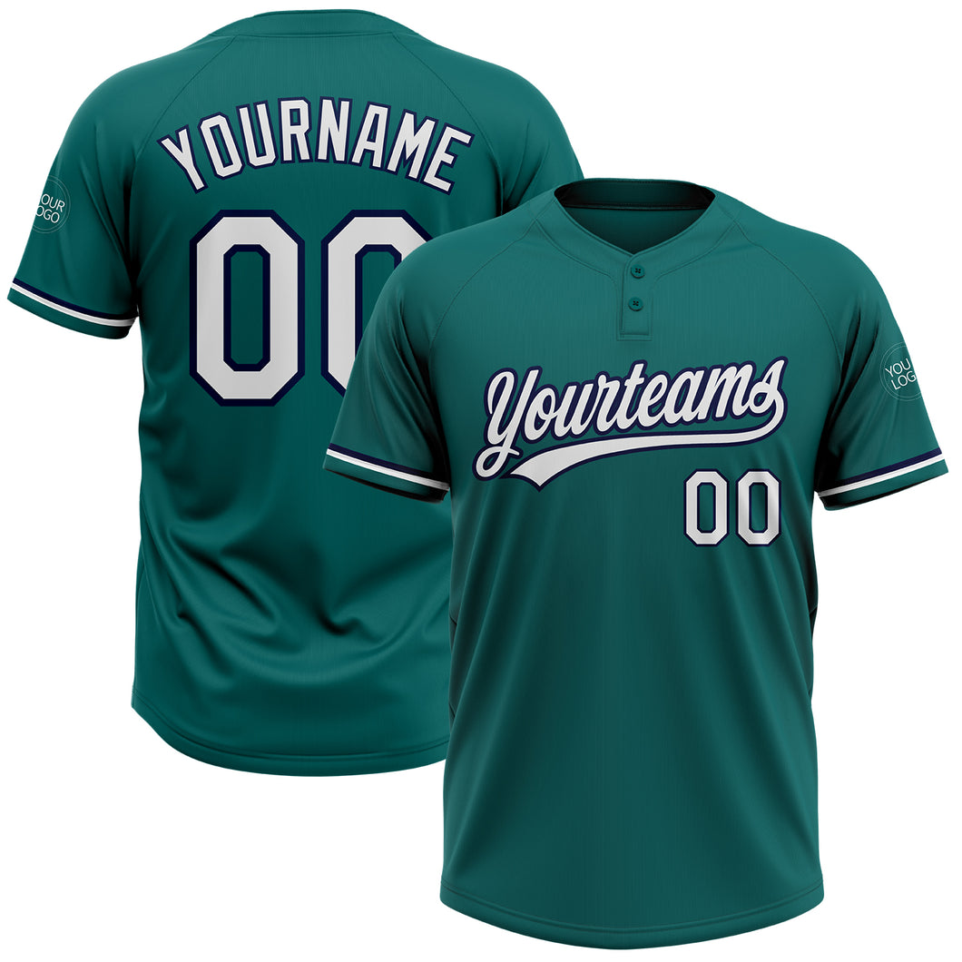 Custom Teal White-Navy Two-Button Unisex Softball Jersey