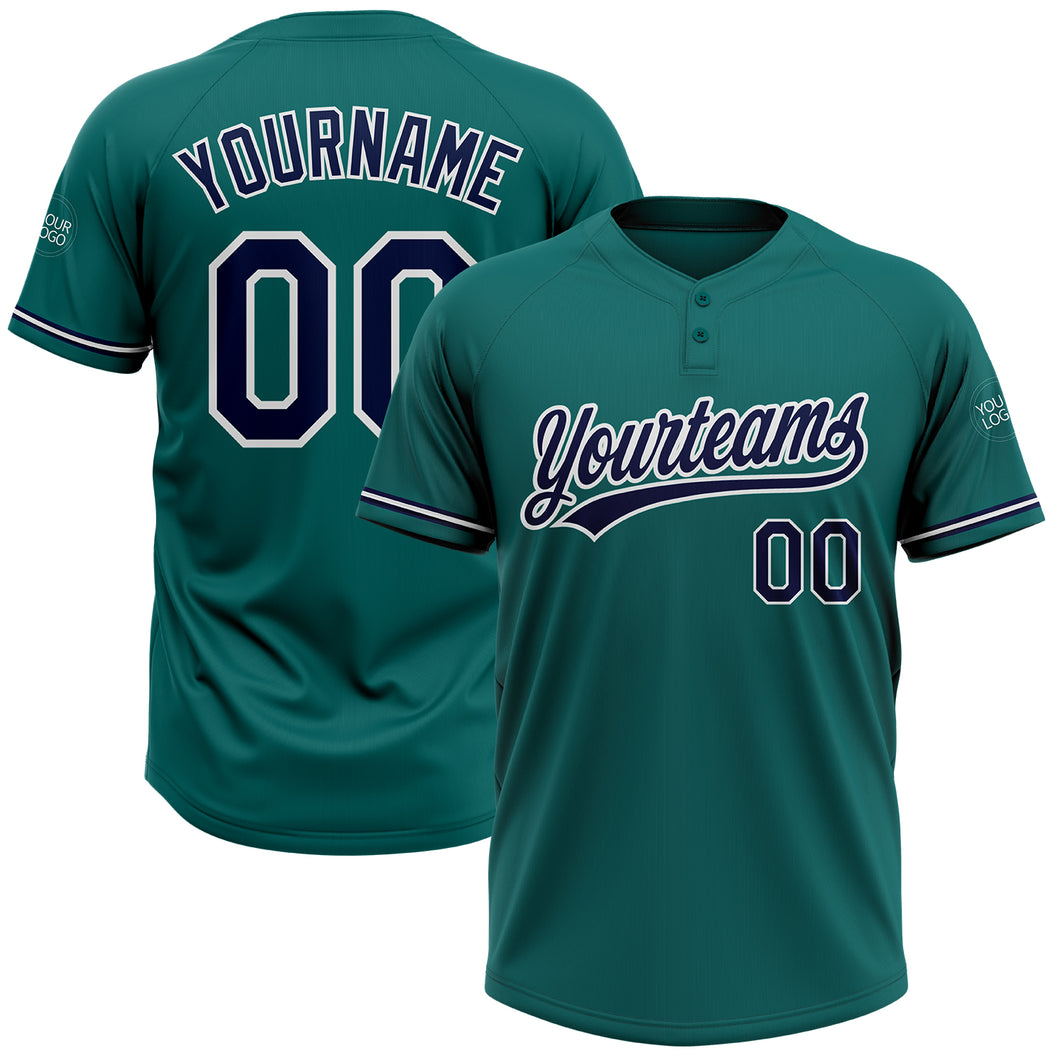 Custom Teal Navy-White Two-Button Unisex Softball Jersey