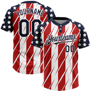 Custom Red Navy-White 3D American Flag Fashion Two-Button Unisex Softball Jersey