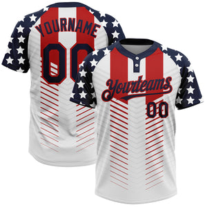 Custom White Navy-Red 3D American Flag Fashion Two-Button Unisex Softball Jersey