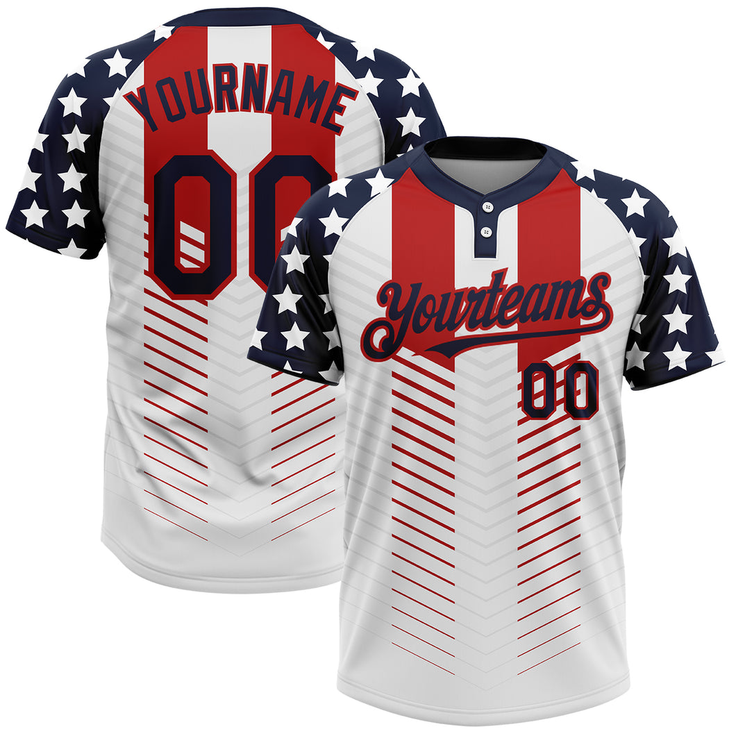 Custom White Navy-Red 3D American Flag Fashion Two-Button Unisex Softball Jersey