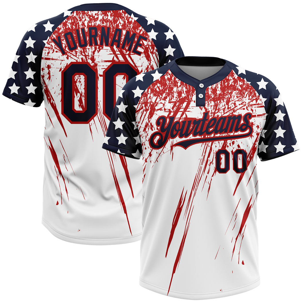 Custom White Navy-Red 3D American Flag Fashion Two-Button Unisex Softball Jersey