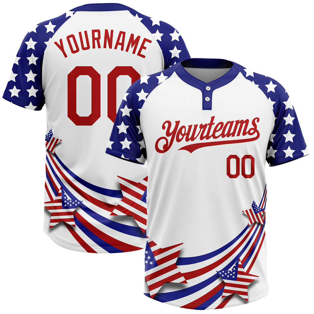 Custom White Red-Navy 3D American Flag Fashion Two-Button Unisex Softball Jersey