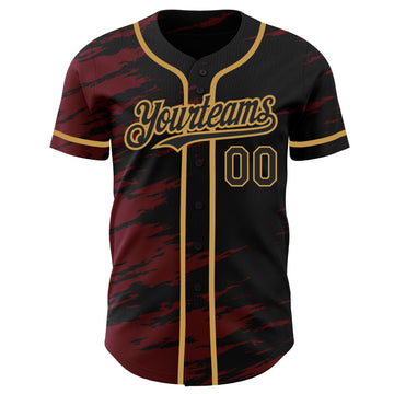 Custom Black Crimson Splash Ink Old Gold Authentic Baseball Jersey
