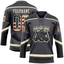 Load image into Gallery viewer, Custom Steel Gray Vintage USA Flag Cream-Black Hockey Lace Neck Jersey
