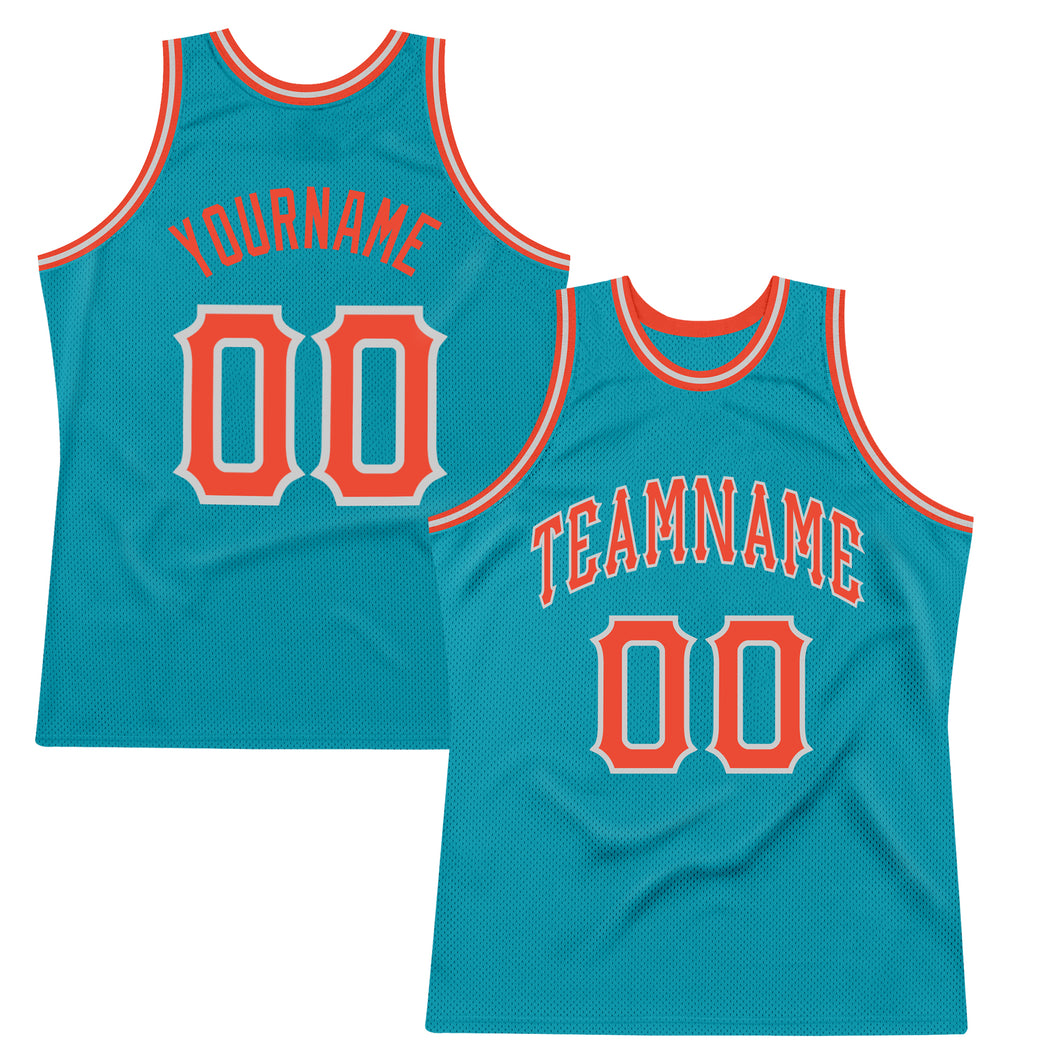 Custom Teal Orange-Gray Authentic Throwback Basketball Jersey