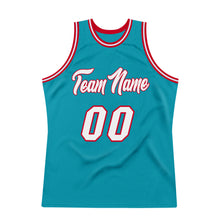 Load image into Gallery viewer, Custom Teal White-Red Authentic Throwback Basketball Jersey
