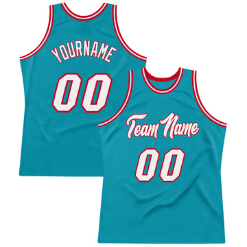 Custom Teal White-Red Authentic Throwback Basketball Jersey