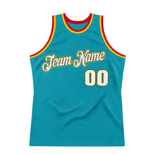 Load image into Gallery viewer, Custom Teal White-Gold Authentic Throwback Basketball Jersey
