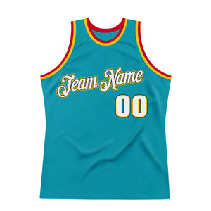 Custom Teal White-Gold Authentic Throwback Basketball Jersey