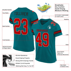 Custom Teal Red-Black Mesh Authentic Football Jersey