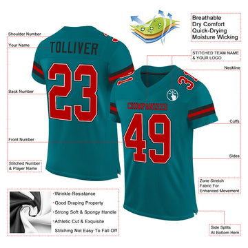 Custom Teal Red-Black Mesh Authentic Football Jersey