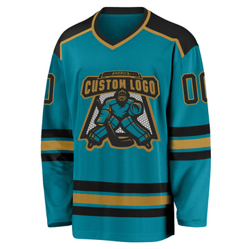 Custom Teal Black-Old Gold Hockey Jersey