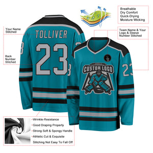 Custom Teal Gray-Black Hockey Jersey