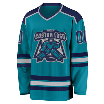 Custom Teal Gray-Navy Hockey Jersey