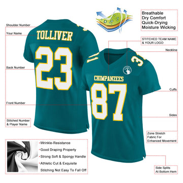 Custom Teal White-Gold Mesh Authentic Football Jersey