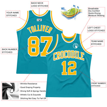 Custom Teal Gold-White Authentic Throwback Basketball Jersey