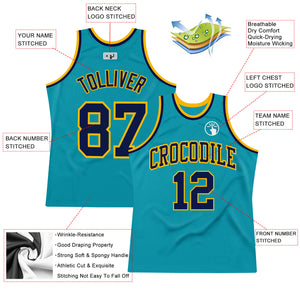 Custom Teal Navy-Gold Authentic Throwback Basketball Jersey