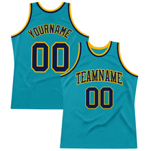 Load image into Gallery viewer, Custom Teal Navy-Gold Authentic Throwback Basketball Jersey
