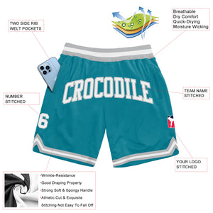 Custom Teal White-Gray Authentic Throwback Basketball Shorts