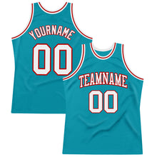 Load image into Gallery viewer, Custom Teal White-Red Authentic Throwback Basketball Jersey
