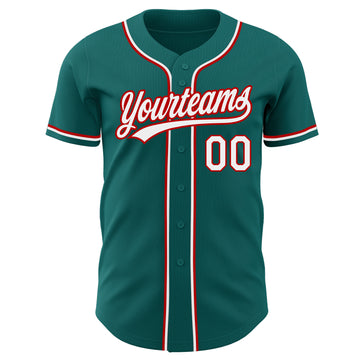 Custom Teal White-Red Authentic Baseball Jersey