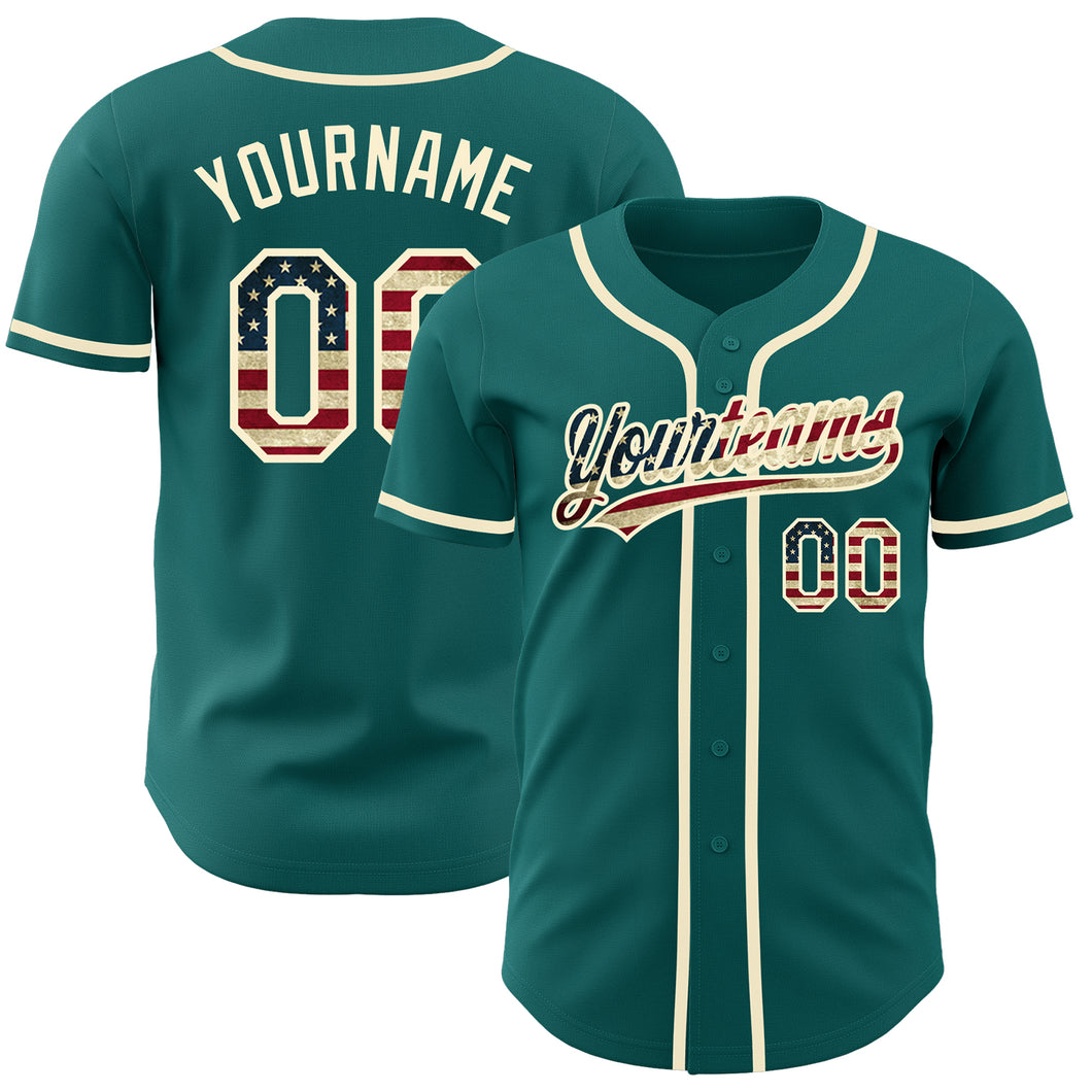 Custom Teal Vintage USA Flag-Cream Authentic Baseball Jersey