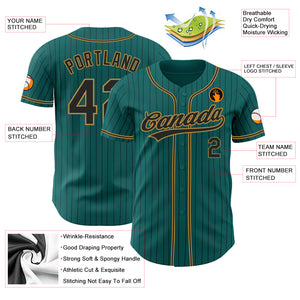 Custom Teal Black Pinstripe Black-Old Gold Authentic Baseball Jersey