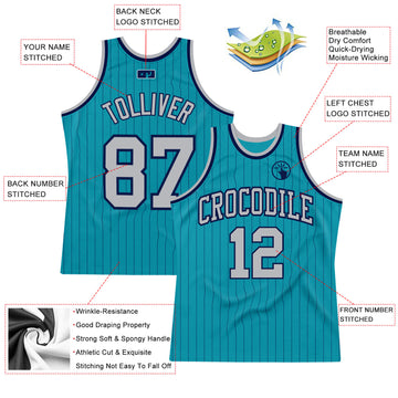Custom Teal Navy Pinstripe Gray Authentic Basketball Jersey