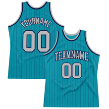 Load image into Gallery viewer, Custom Teal Navy Pinstripe Gray Authentic Basketball Jersey
