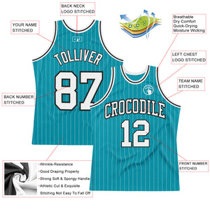 Custom Teal White Pinstripe White-Black Authentic Basketball Jersey