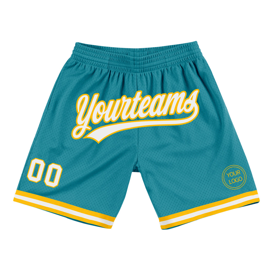 Custom Teal White-Gold Authentic Throwback Basketball Shorts