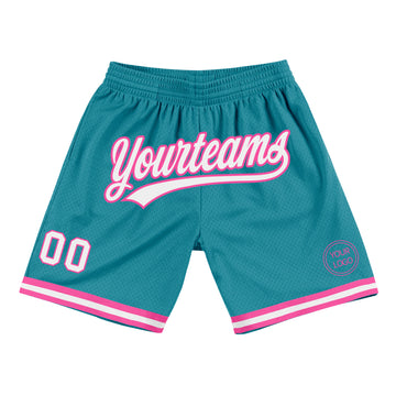 Custom Teal White-Pink Authentic Throwback Basketball Shorts
