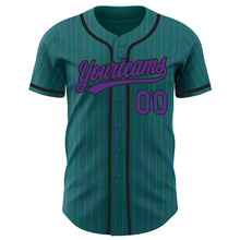Load image into Gallery viewer, Custom Teal Purple Pinstripe Black Authentic Baseball Jersey
