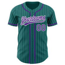 Load image into Gallery viewer, Custom Teal White Pinstripe Purple Authentic Baseball Jersey
