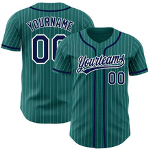 Load image into Gallery viewer, Custom Teal White Pinstripe Navy Authentic Baseball Jersey
