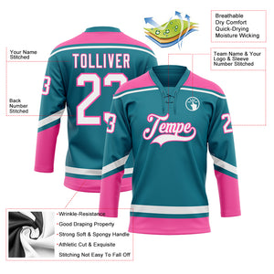 Custom Teal White-Pink Hockey Lace Neck Jersey