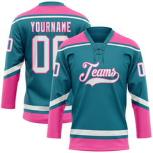 Load image into Gallery viewer, Custom Teal White-Pink Hockey Lace Neck Jersey
