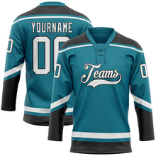 Load image into Gallery viewer, Custom Teal White-Black Hockey Lace Neck Jersey
