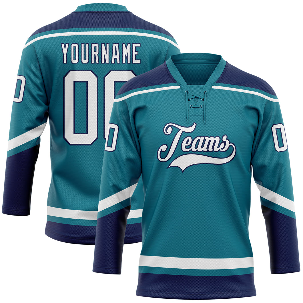 Custom Teal White-Navy Hockey Lace Neck Jersey