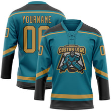 Load image into Gallery viewer, Custom Teal Old Gold-Black Hockey Lace Neck Jersey
