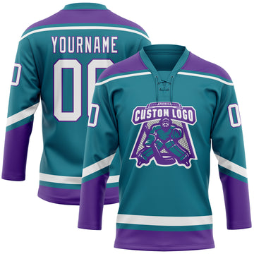 Custom Teal White-Purple Hockey Lace Neck Jersey
