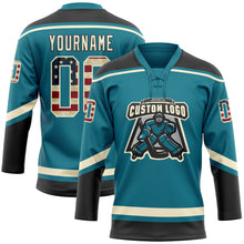 Load image into Gallery viewer, Custom Teal Vintage USA Flag Cream-Black Hockey Lace Neck Jersey
